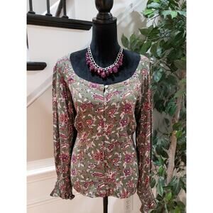 Loft Women's Multicolor 100% Rayon Round Neck Long Sleeve Casual Top Blouse XL